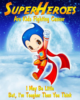 Child superhero above the clouds with moon and sky background.