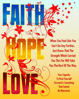 Large text of FAITH, HOPE, LOVE with floral elements.