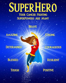 Female Superhero surrounded by her qualities.