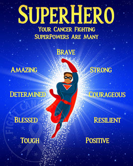 Male Superhero surrounded by his qualities.