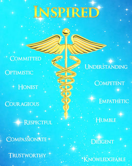 Golden staff of caduceus with the words of being inspired.