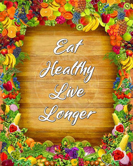 Words of Eat Healthy, Live Longer framed by images of fruits and vegetables.