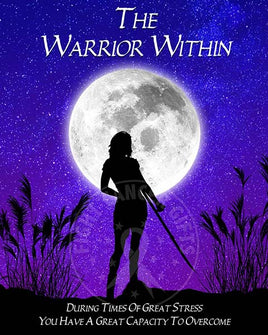 Silhouette of a woman with spear against a full moon starry sky.