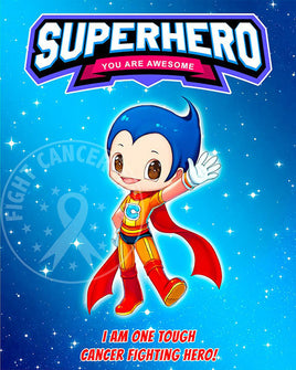 Child superhero waving in space about being a tough cancer fighting hero.