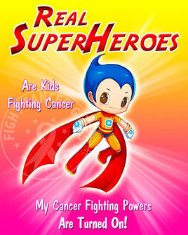 Child superhero flexing with fighting powers turned on.