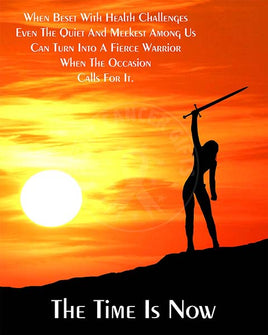 Woman with sword raised overhead with a defiant attitude against a sunset
