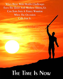 Man with sword raised overhead with a defiant attitude against a sunset